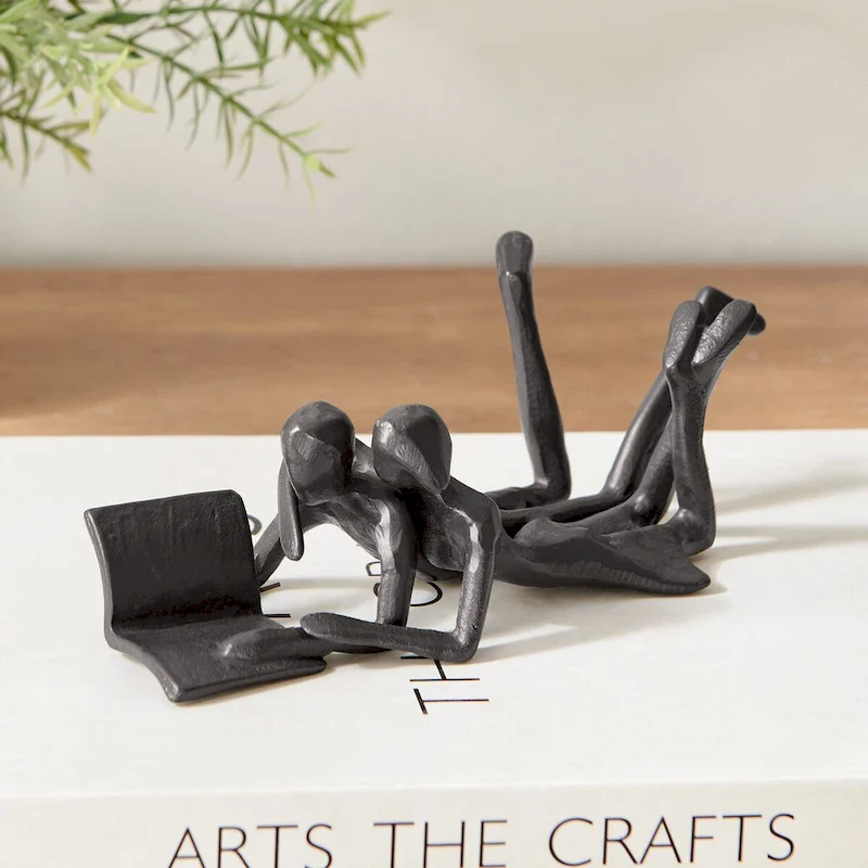 Brown Cast Iron Abstract Couple Reading Book Together Sculpture - Tabletop Figurine For Desks or Shelves