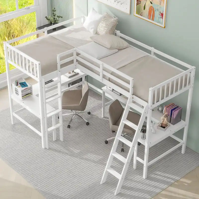 Wood Twin Size L-Shaped Loft Bed w/Ladder, 2 Built-in L-Shaped Desks