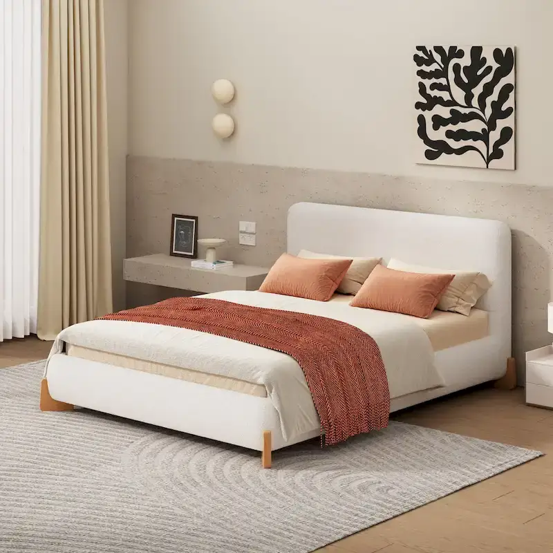 Elegant White Boucle Upholstered Frame Platform Bed, Low Profile Grounded Bed with Solid Wood Feet, Wood Slats and Support Legs
