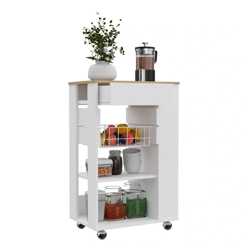 Kitchen Cart, One Drawer, Two Open Shelves, Four Casters -White / Light Oak