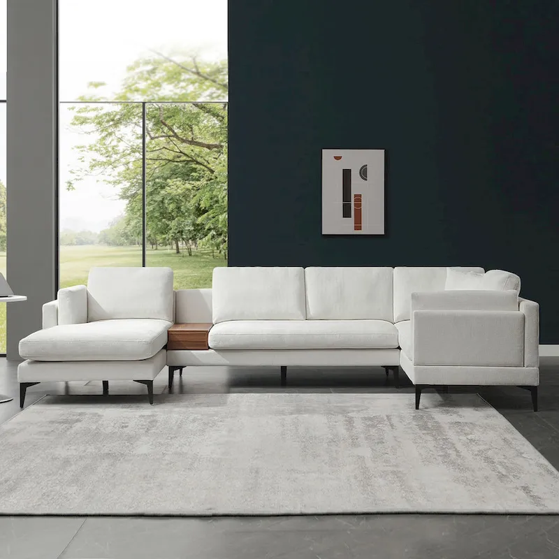 Modular U-shaped Linen Reversible Sofa with a Wooden Side Table Box and Reversible Design