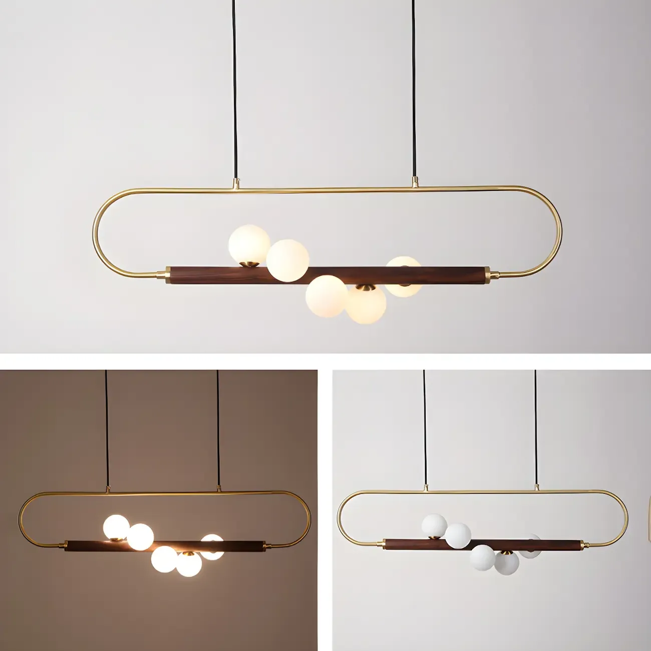 Modern Brass Wood Linear Island Pendant Light