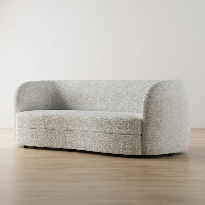 Modern Curved Arms Boucle Sofa Couch with Kidney Style Seat and Round Wooden Legs