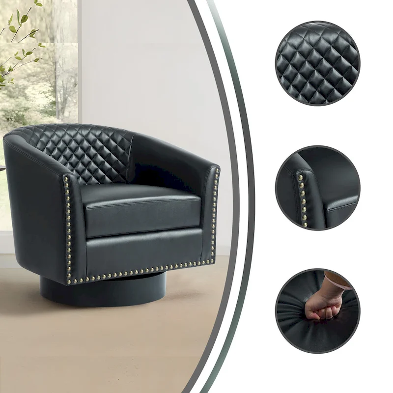 Modern Armchair Faux Leather Nailhead Trim Swivel Accent Chair
