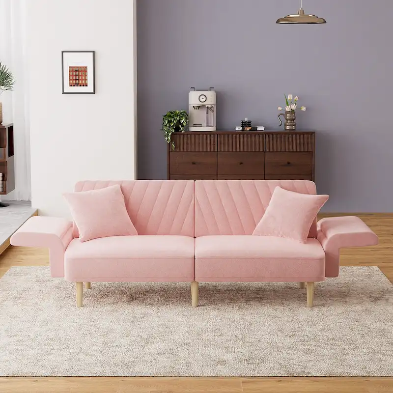 Ouyessir Upholstered Tufted Convertible Futon Sofa Bed with Foldable Armrest