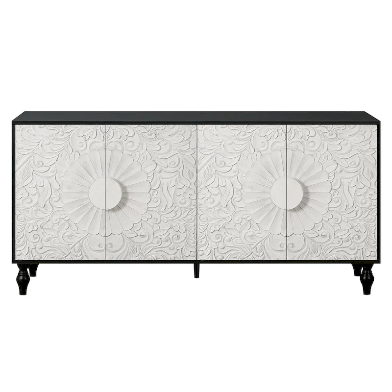 Lily Carved Flower Door Large Storage Sideboard Cabinet with Shelves by GDFStudio