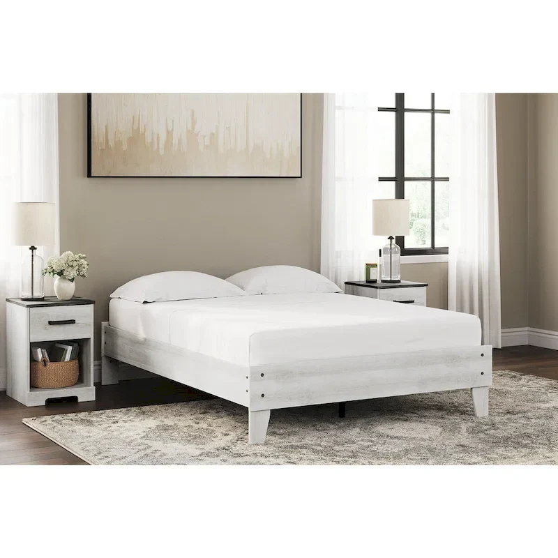 Shawburn Whitewash Platform Bed with 2 Nightstands