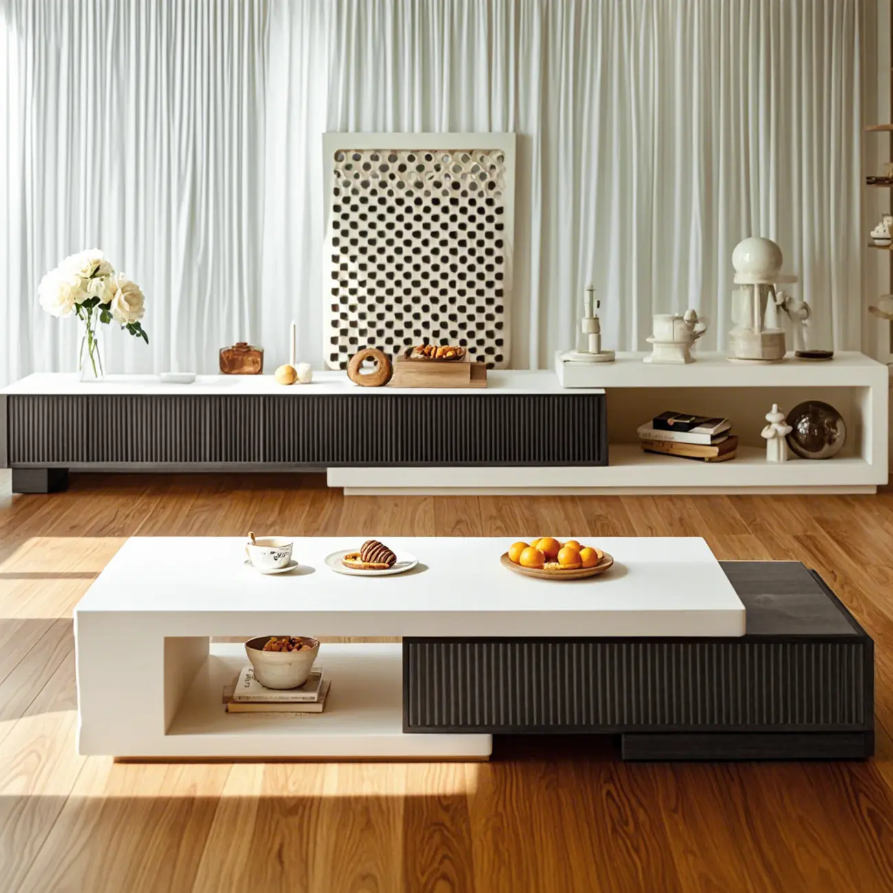 Modern Rectangular White Coffee Table with Extendable Design
