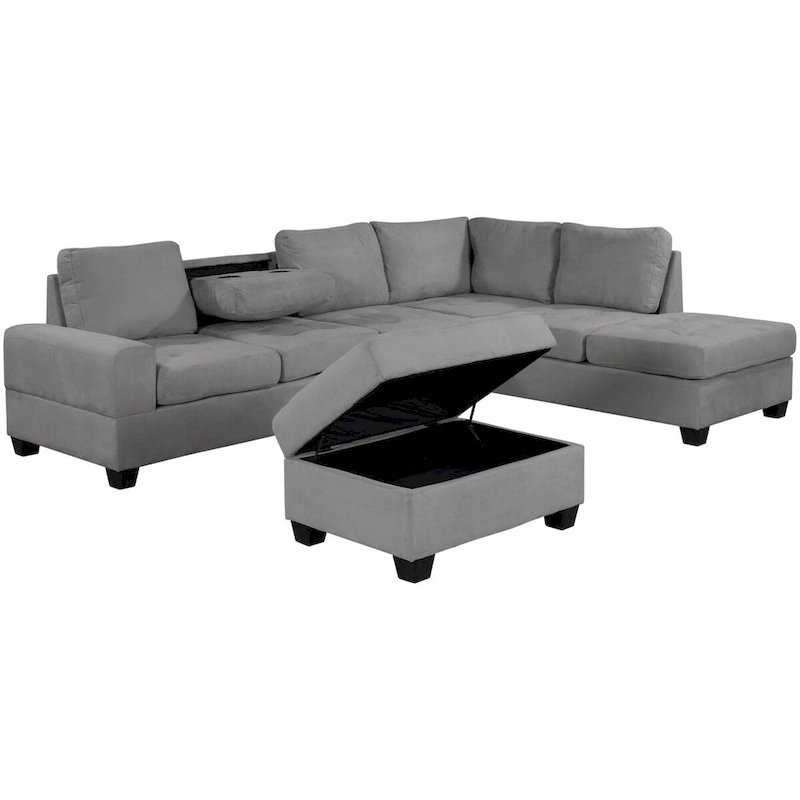 112-inch Modern L-shaped Sectional Sofa with Reversible Chaise, Storage Ottoman and Two Cup Holders - 112W x 80D x 33.7H