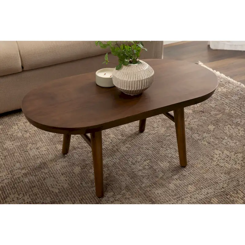 Oval Solid Wood Coffee Table, Natural, Mid-Century Style