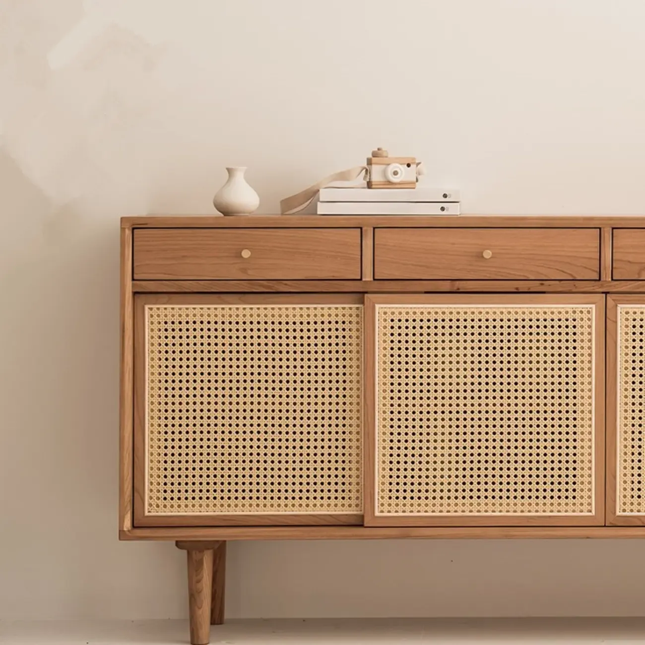 Scandinavian Natutal Wood Rattan Sideboard with Drawers