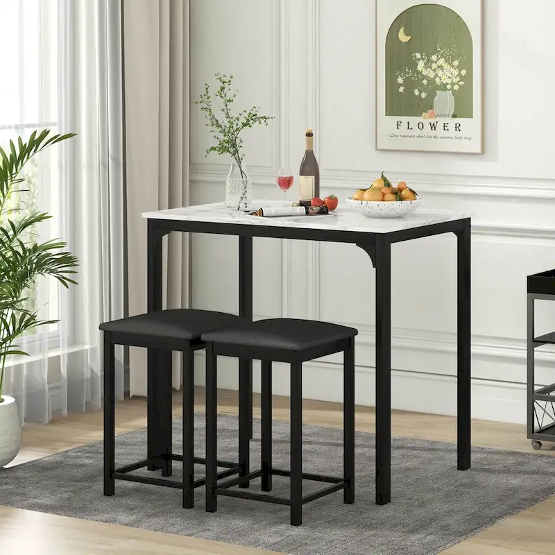 Costway 3 Piece Counter Height Dining Set Faux Marble Table 2 Chairs