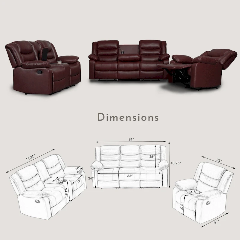 Manual Reclining 3-Piece Living Room Sofa Set - Sofa with Dropdown Table, Loveseat with Console, and Recliner