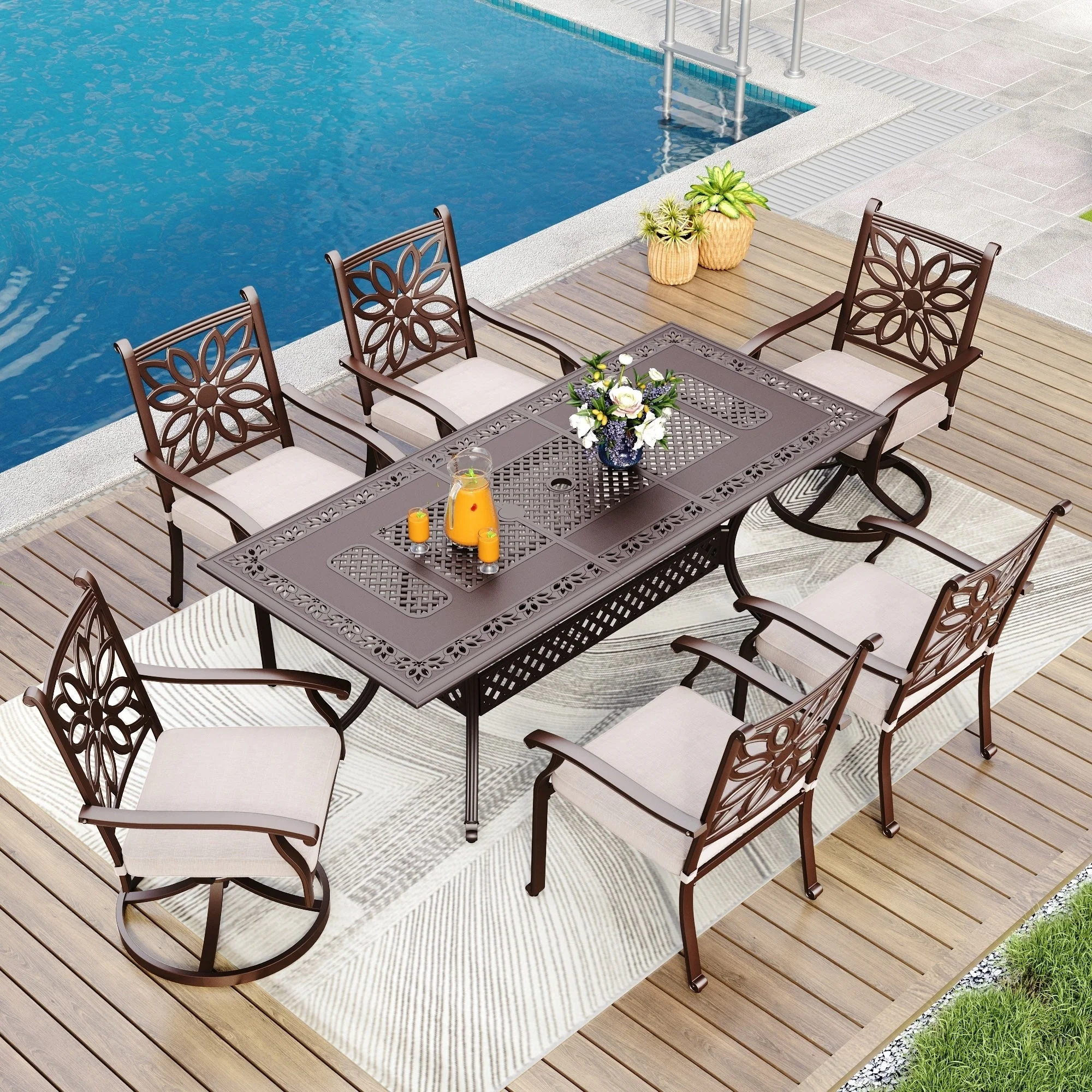 MAISON ARTS 7-Piece Cast Aluminum Patio Dining Set with Expandable Rectangular Table & 6 Cast Aluminum Chairs