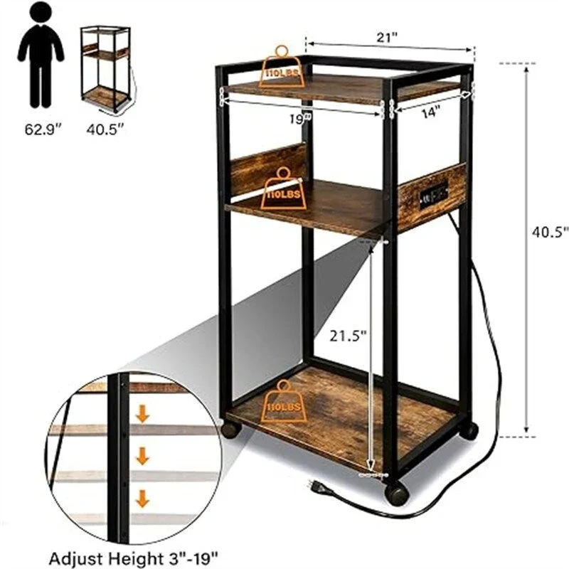 3-Tier Movable Printer Stand - 19Dx 14Wx 40H