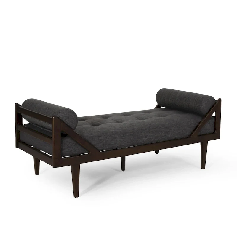 Charcoal Modern 65 Button Tufted Chaise Lounge Chair with Bent Wood Desing and Rolled Accent Pillows