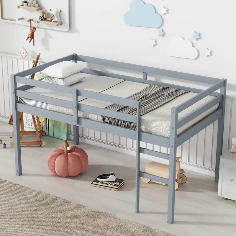 Twin Rubber Wood Loft Bed with Strengthened Slats