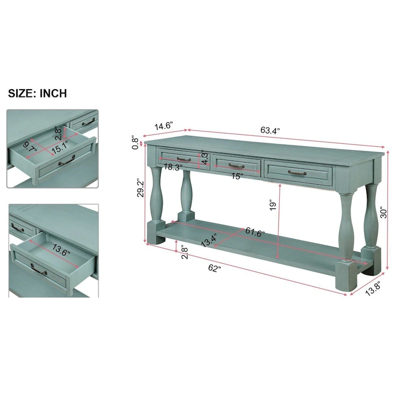 63inch Long Wood Console Table with 3 Drawers