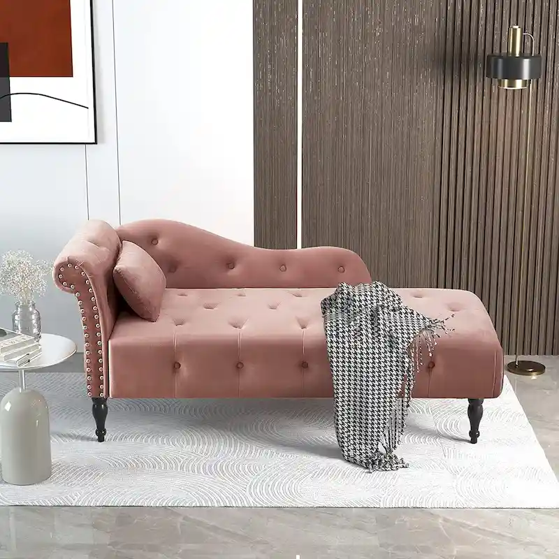 61 Velvet Chaise Lounge Chair with 1 Pillow and Nailhead Trimmed