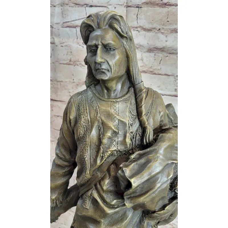 Indian Chief With Shield Gun Full Headdress Native American Bronze Statue 22 Inches
