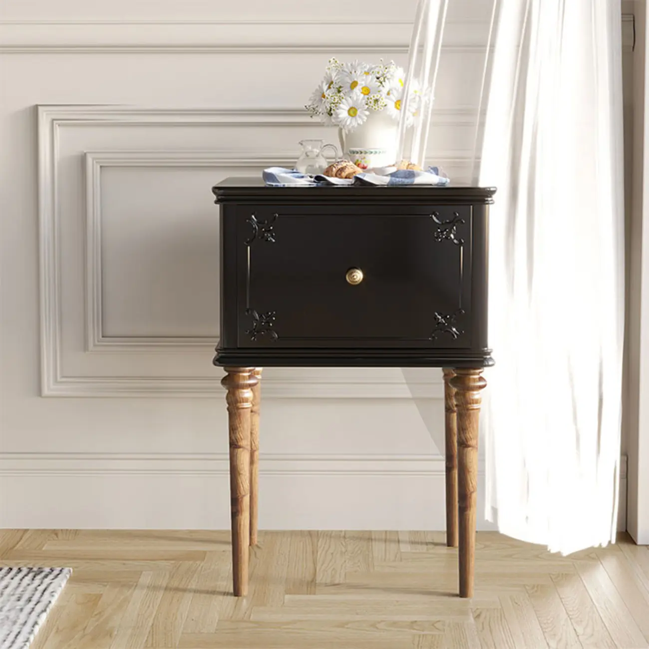 Traditional Black Wooden Carved Leggy Nightstand with Drawer