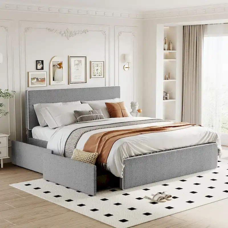 Queen Size Upholstered Platform Bed with 4 Drawers