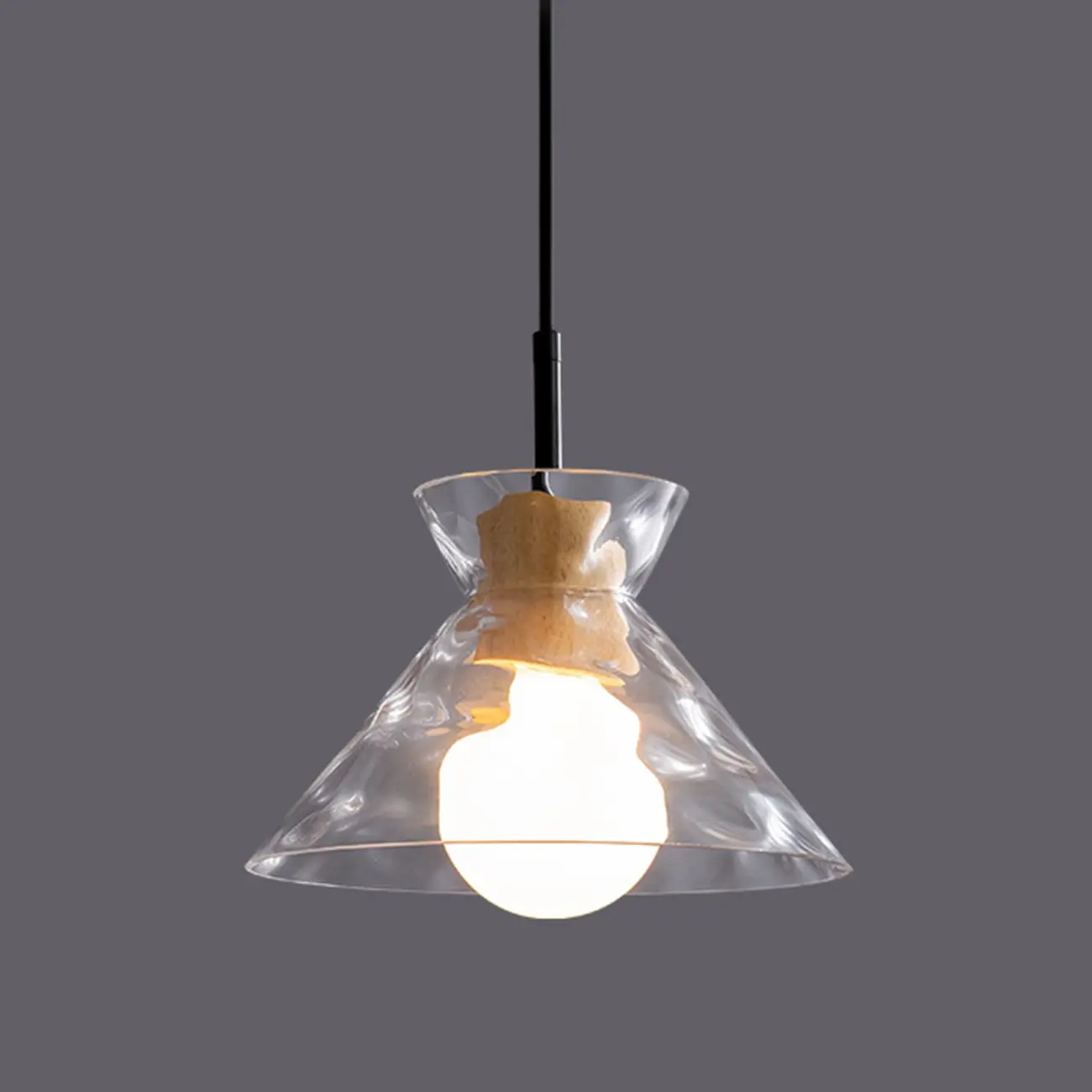 Modern Clear Textured Glass Wood Pendant Light