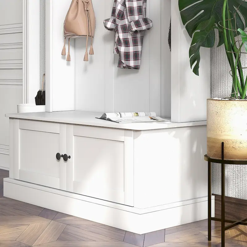 Freestanding Hall Tree, Entryway Bench with Coat Rack, Shoe Cabinet and Top Shelf