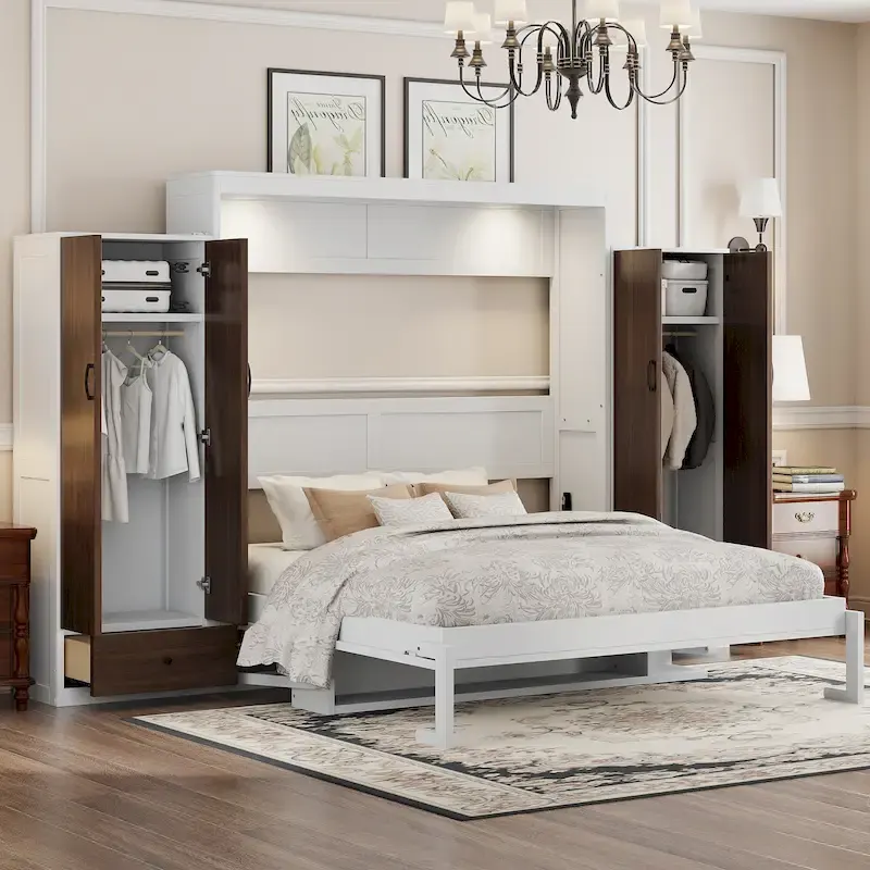 Queen Size Murphy Wall Bed with Wardrobe, Drawers and Fold-Down Desk