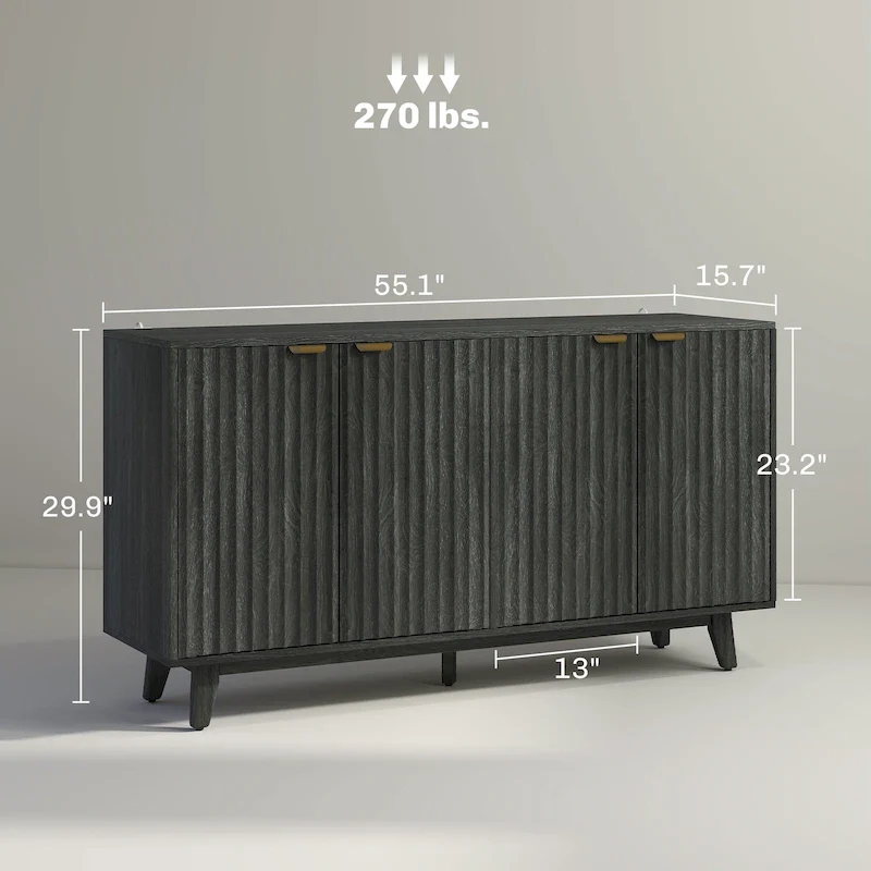 Fluted Sideboard Buffet Cabinet, 55 Modern Accent Console Cabinet with 4 Doors, 2 Adjustable Shelves and 5 Wood Legs