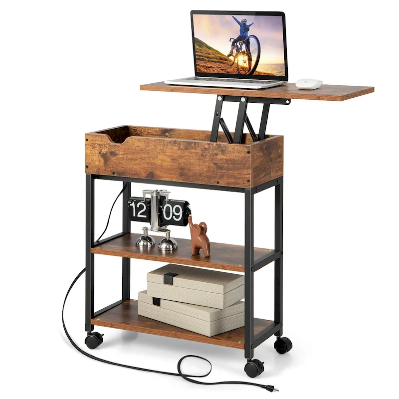 Gymax Lift Top End Table w/ Charging Station Storage Shelves Wheels