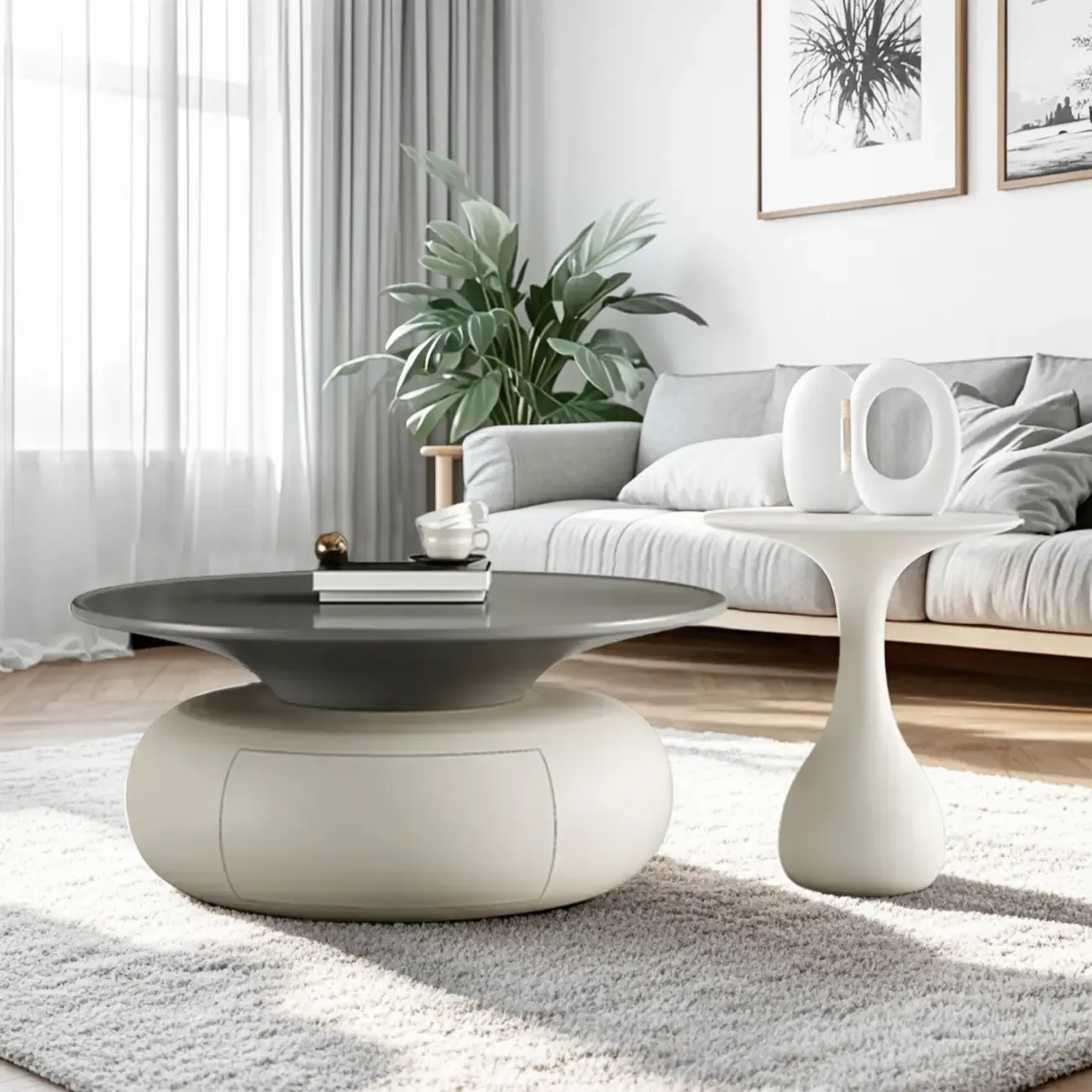 Beige Gray Modern Round Wood Coffee Table with Storage
