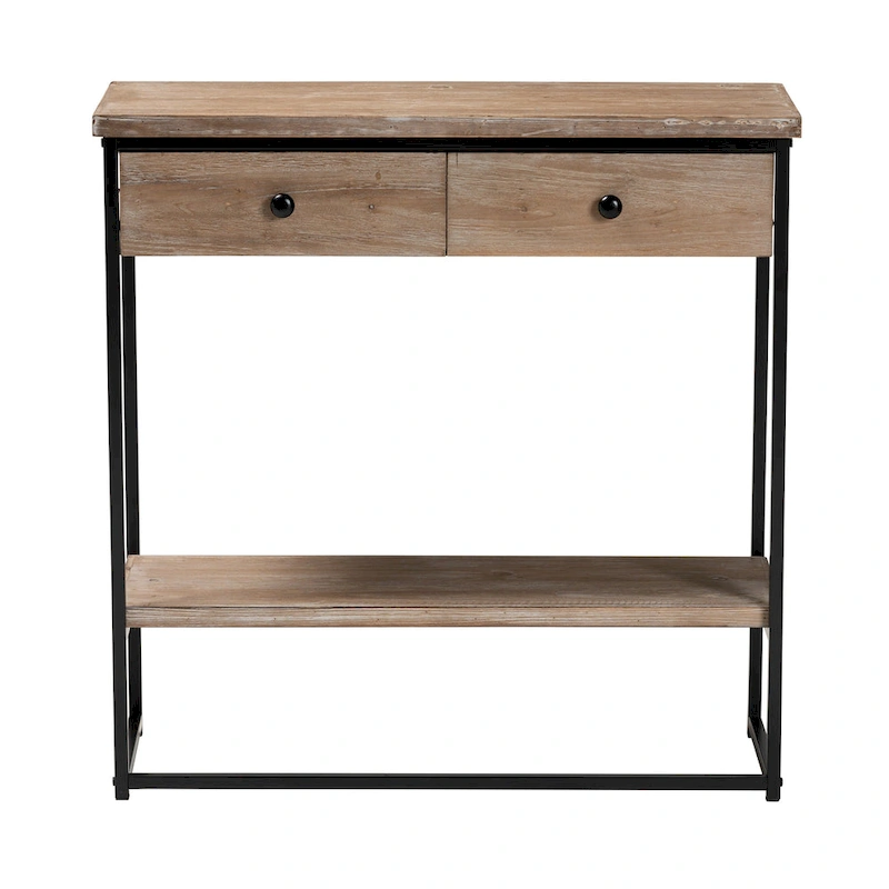 Silas Modern Industrial Natural Brown Finished Wood and Black Metal 2-Drawer Console Table