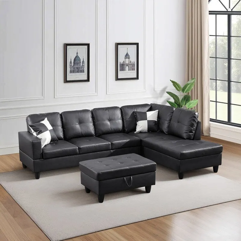 Sleek 3-Piece Black Faux Leather Couch Set, Modern Elegance for Your Living Room