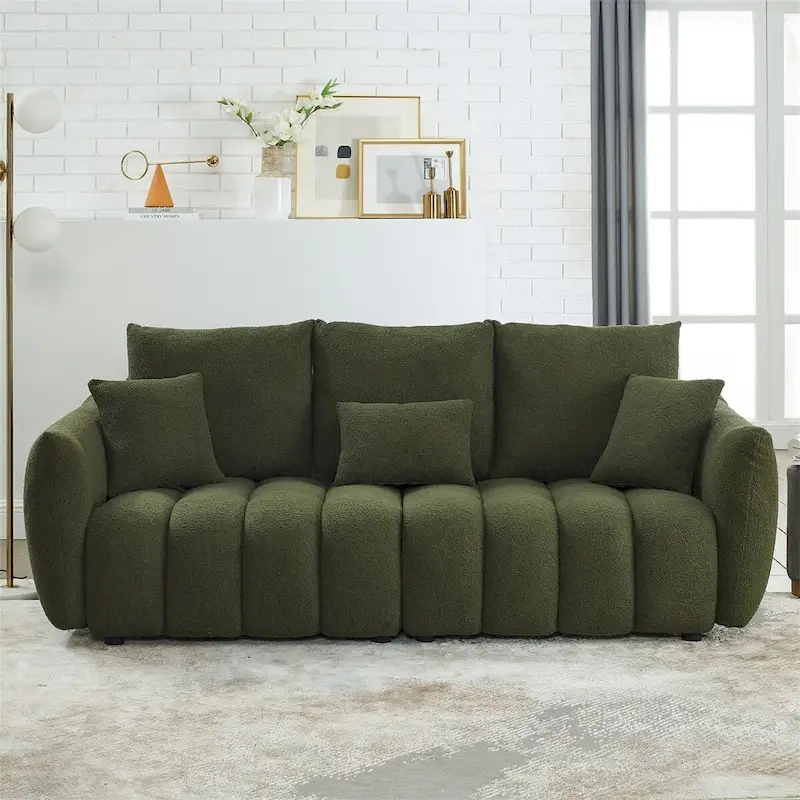 Upholstered Teddy Fabric Sofa with 3 Pillows and Solid Wood Frame