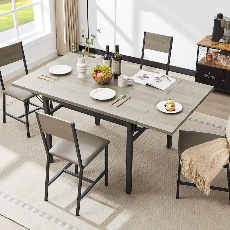 Modern Industrial 63.2  Extendable Dining Table w/Drop Leaf, Seats 6