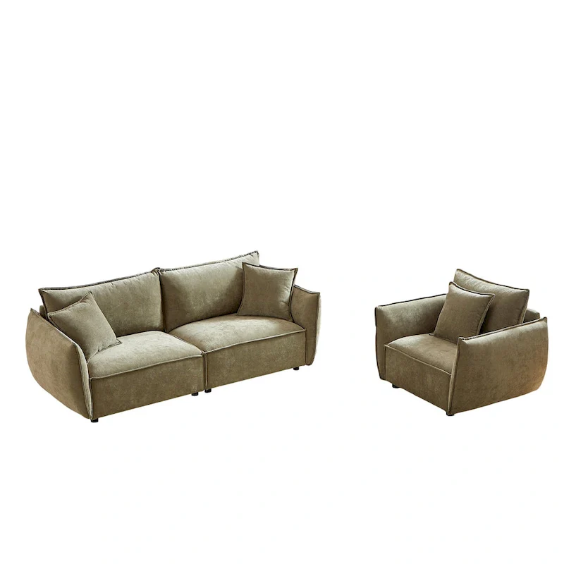2-Pieces Linen Fabric 4-Seat Modular Sofa Set with 3+1 Seater Combo and Wooden Frame & 3 Pillows