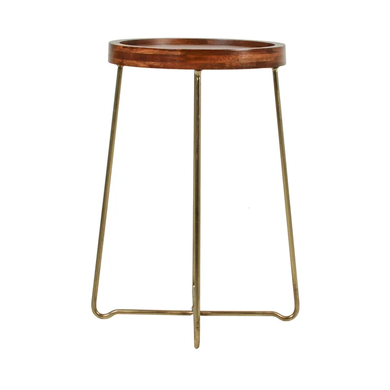 Gold Iron And Natural Wood Round Accent Table by