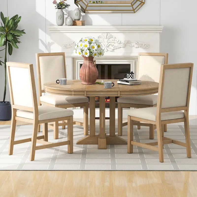 5-Piece Wooden Dining Table Set with Extendable Round Table & 4 Chairs