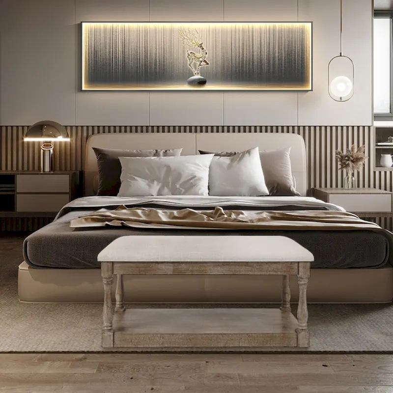 Upholstered Beige Linen Entryway and Bedroom Bench - 17.75 H x 35.5 W x 15.75 D