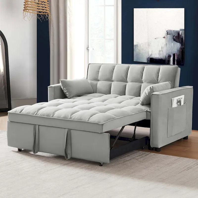 Convertible Sleeper Loveseat, 3-Position Backrest, Velvet, Foam, Side Pockets, USB, Seats 2/Twin Bed, Blue/Black/Grey
