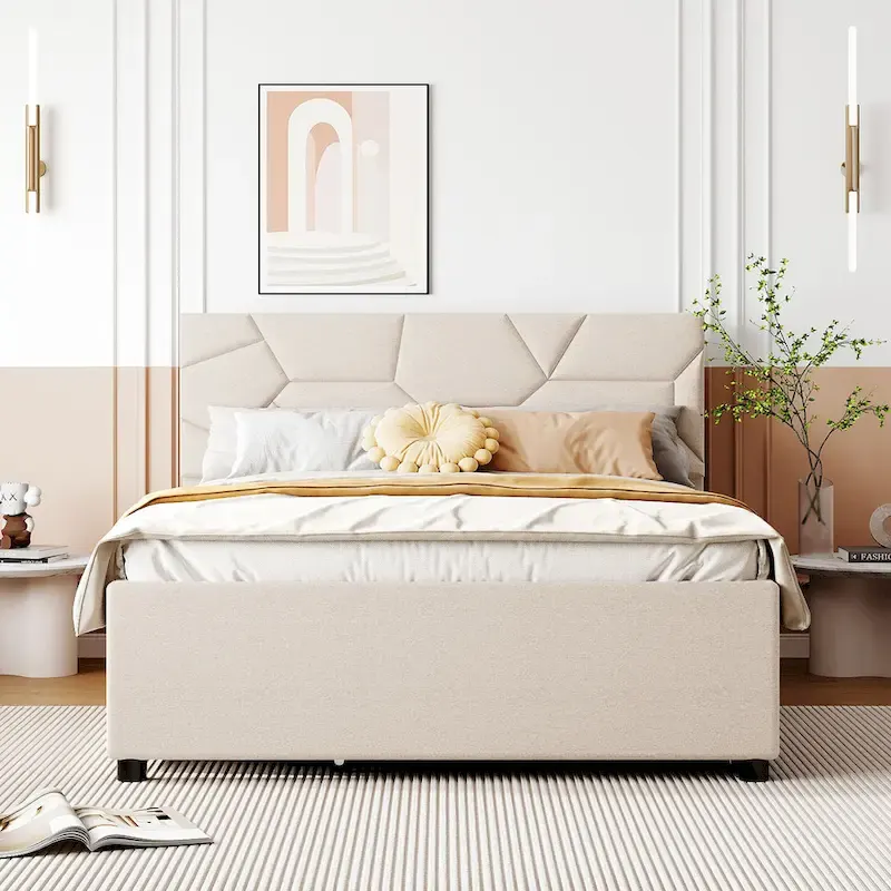 Full Size Platform Bed with Trundle & 2 Drawers – Beige Linen, Brick Pattern Headboard, Sleeps 2