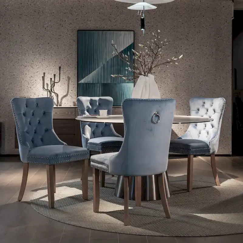 Modern Set of 2 Velvet Tufted Dining Chair with Wood Legs and Nailhead Trim