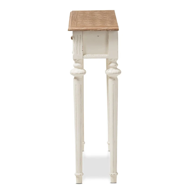 French Provincial Style Console Table in Weathered Oak and White Wash Distressed Wood Finish