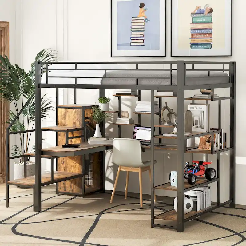 Black Full Size Metal Loft Bed with Storage Staircase and Small Wardrobe, Built-in Desk and Storage Shelves