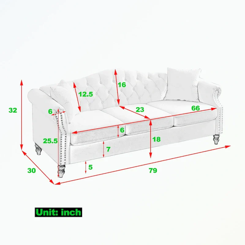 3 Seater Sofa Tufted Couch with Rolled Arms and Nailhead