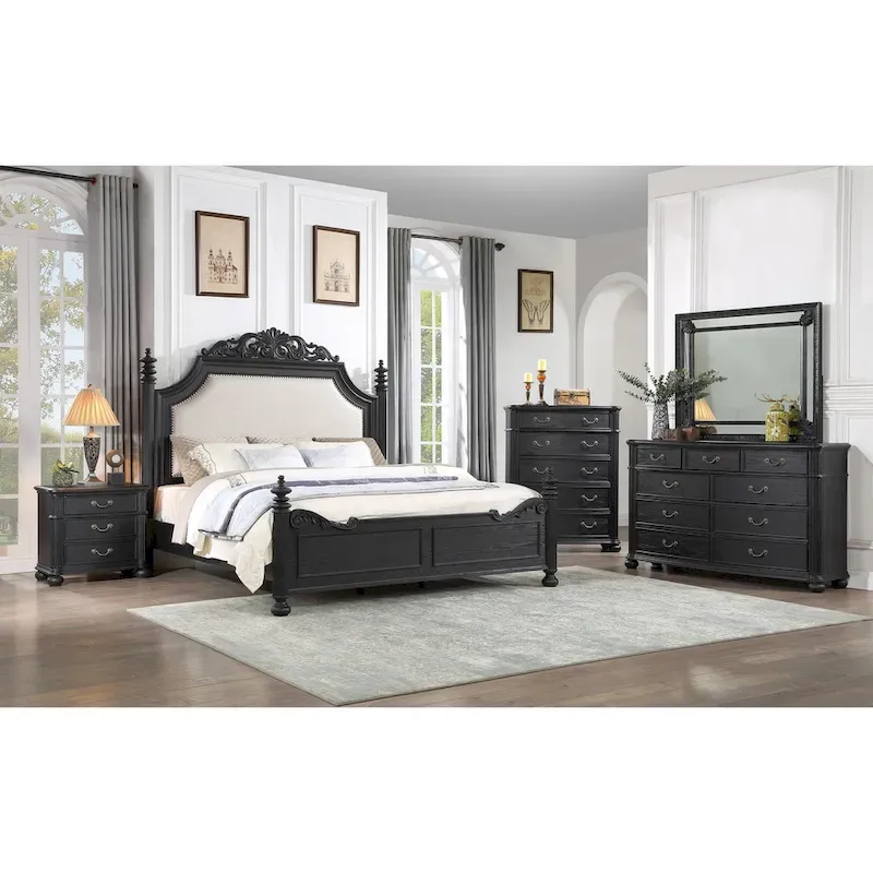Aliana 3 Piece Black Modern Contemporary Solid Wood, Veneers Fabric Upholstered Bedroom Set