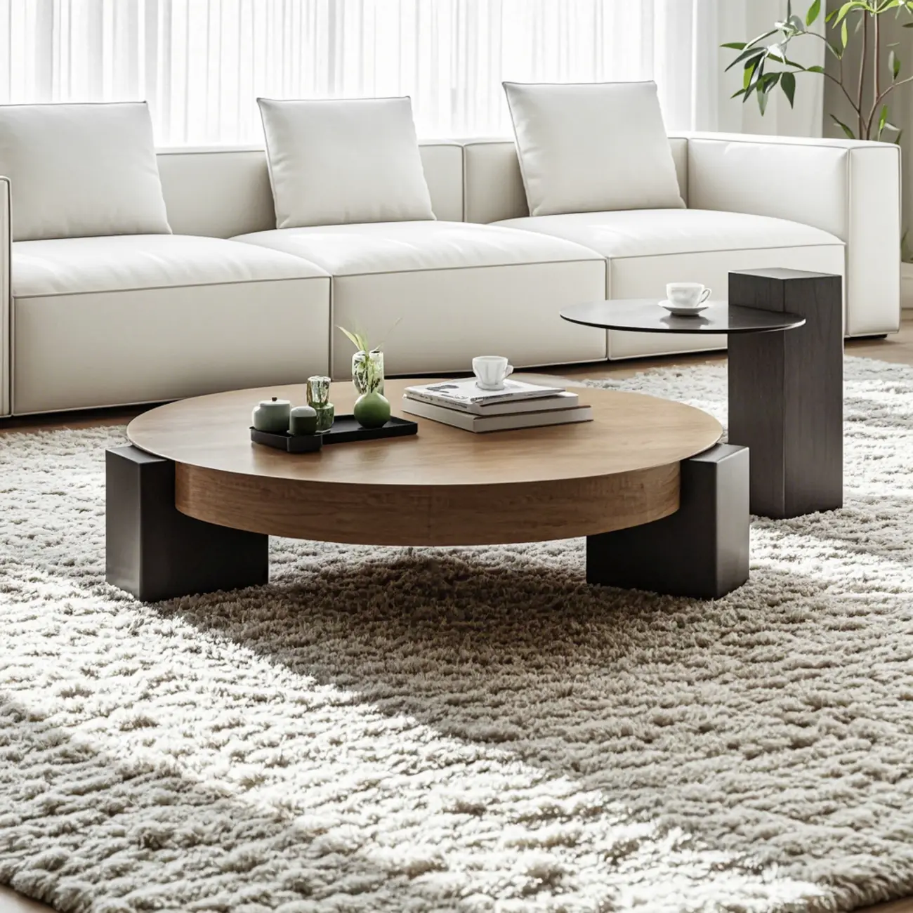 Modern Round Wooden Glass Top Coffee Table