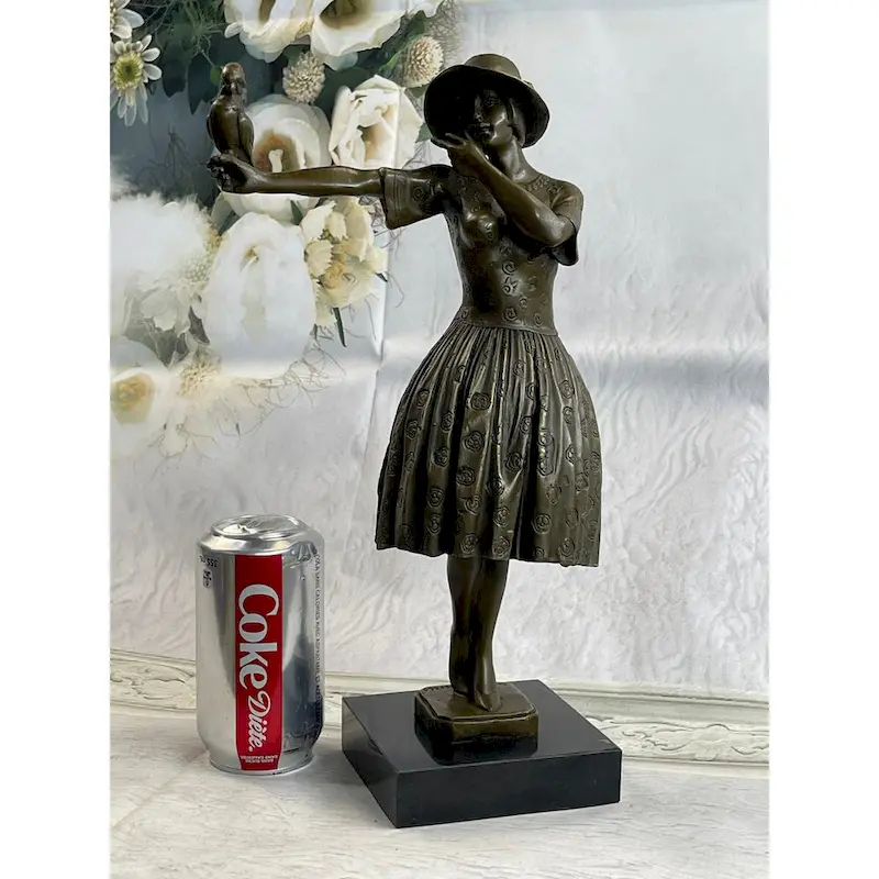 100 Percent Solid Bronze Sculpture Lady With Bird Signed Real Art Hot Cast Figurine Lrg