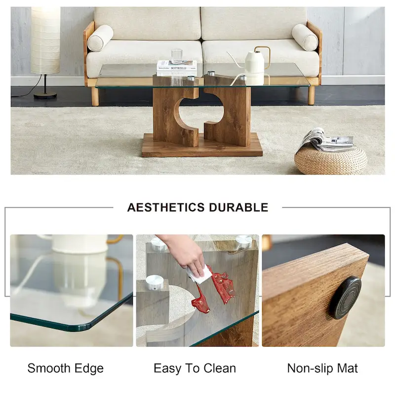 47.2 Modern Rectangular Coffee Table with Tempered Glass Tabletop and MDF Legs